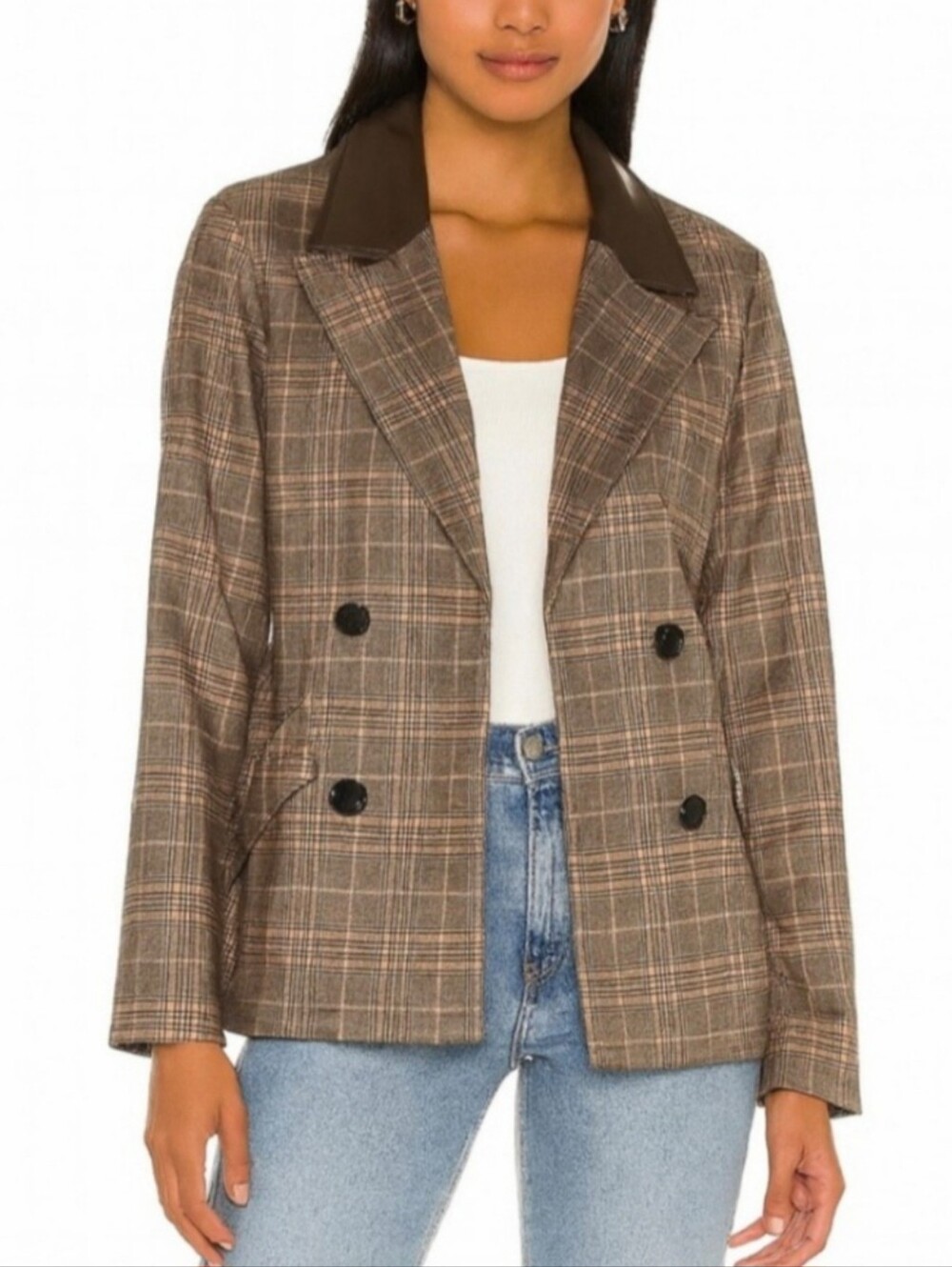 NYCC Plaid Double-Breasted Blazer with Brown Collar Sz M